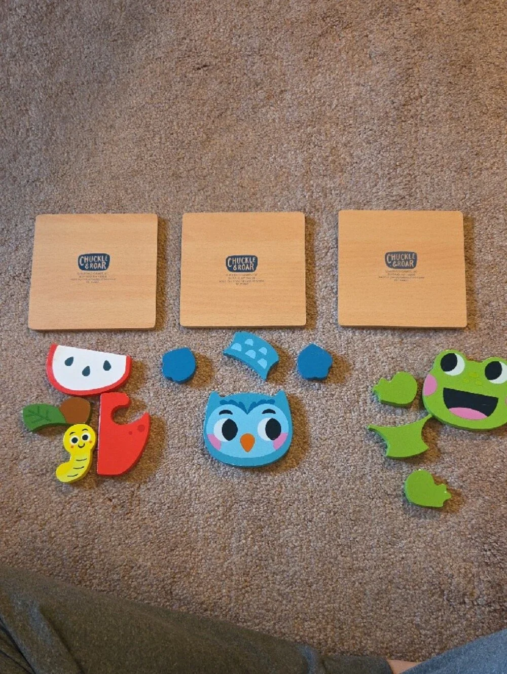 Wooden Trio Puzzle Set - Blue Owl, Green Frog & Red Apple